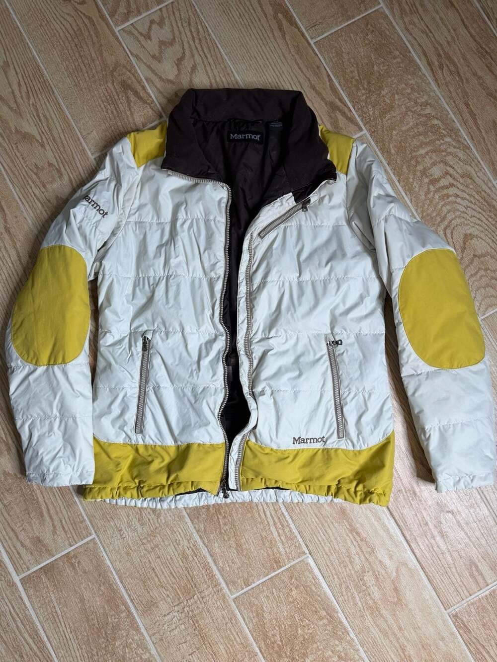Marmot Puffer Jacket Size L White Yellow Brown